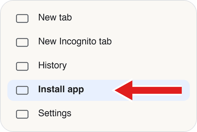 Chrome menu with a red arrow pointing to Install app