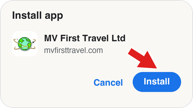 Install app box with a red arrow pointing to the Install button