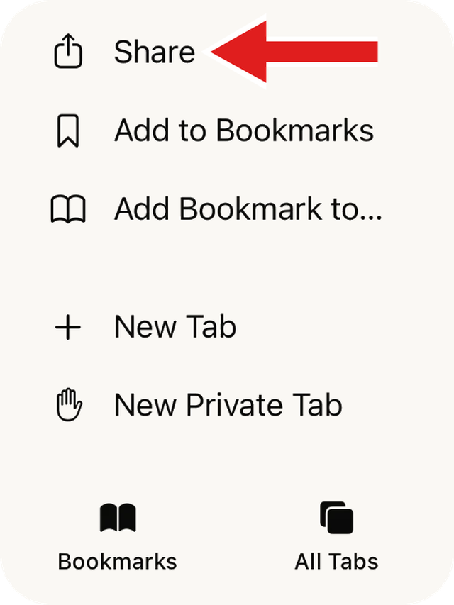 Safari menu with a red arrow pointing to Share