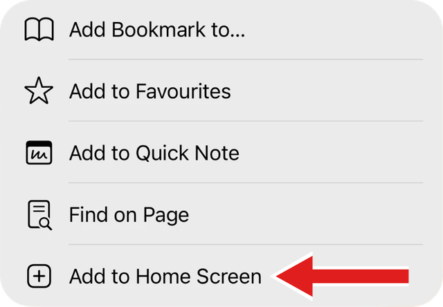 Share menu with a red arrow pointing to Add to Home Screen