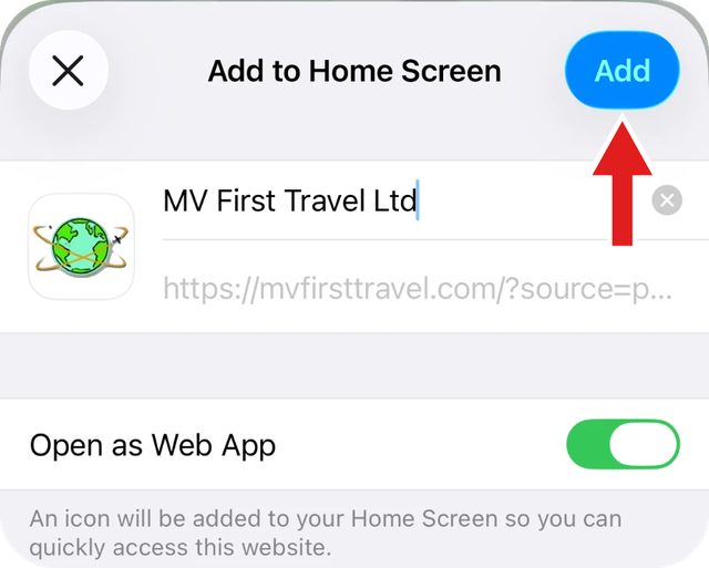 Add to Home Screen box with a red arrow pointing to the Add button